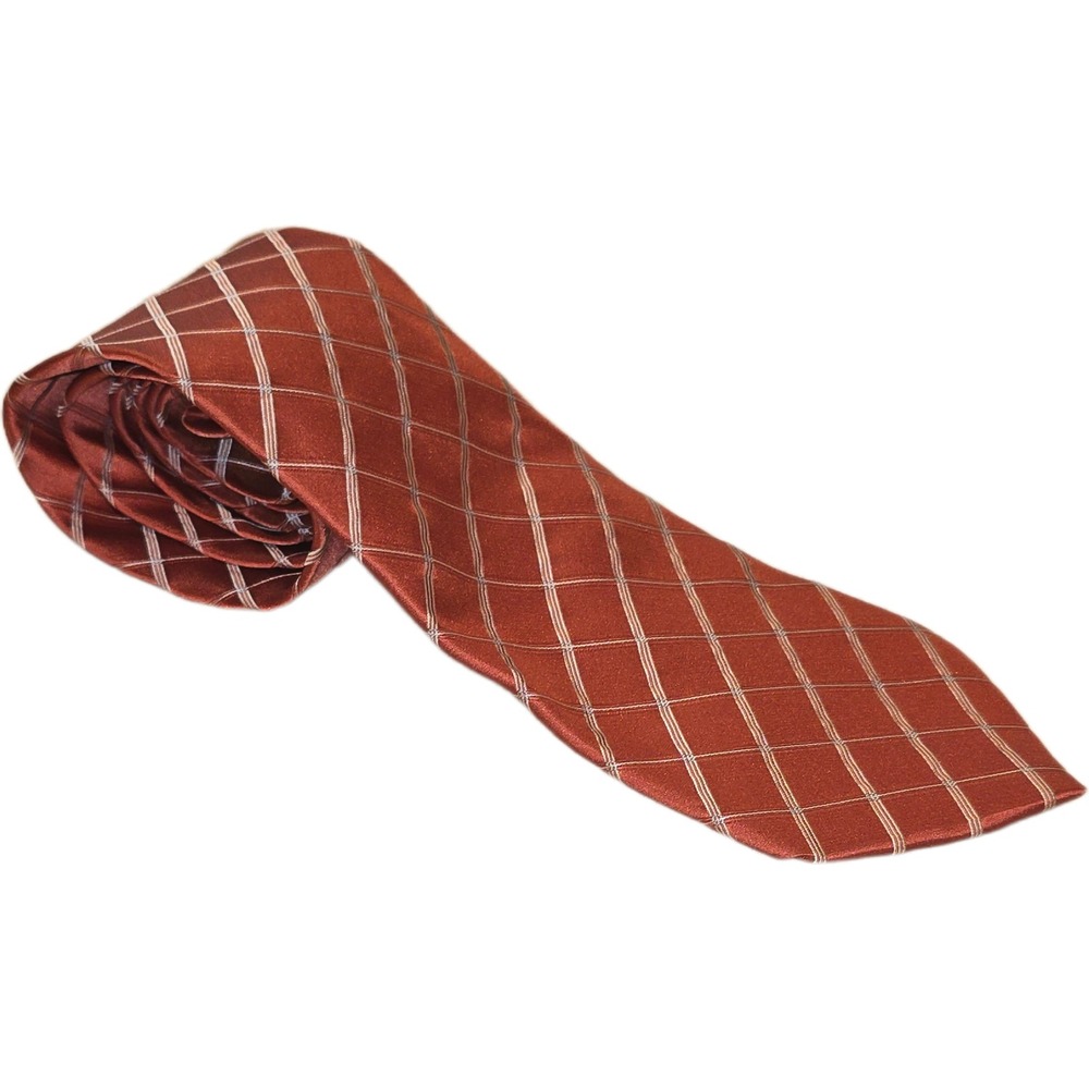 DKNY Mens Silk Tie Burnt Orange Rust Geometric Diamond Grid Pattern Made in USA